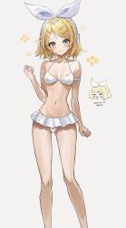 Rule 34 | 1girl, aqua eyes, bare legs, bare shoulders, bikini, blonde hair, bow, breasts, collarbone, commentary, elpuchi, frilled bikini, frills, grey background, hair bow, headphones, headset, highres, kagamine rin, light blush, looking at viewer, midriff, narrow waist, navel, polka dot, polka dot bikini, skinny, small breasts, smile, solo, swept bangs, swimsuit, symbol-only commentary, vocaloid, white bow
