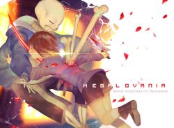 Rule 34 | 1boy, androgynous, artist name, ass, blood, bloody knife, bloody weapon, bone, brown hair, closed eyes, english text, frisk (undertale), grin, hood, hoodie, impaled, knife, noahxica, outstretched arms, petals, sans (undertale), shirt, shoes, shorts, skeleton, slashing, smile, socks, spoilers, striped clothes, striped shirt, tears, teeth, turtleneck, undertale, watermark, weapon