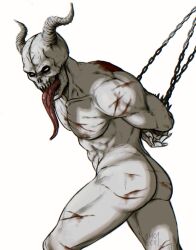 Rule 34 | 1boy, abs, absurdres, ass, bara, black sclera, blood, bound, bound arms, chain, chained, chidaruma, colored sclera, completely nude, convenient leg, cuts, demon boy, demon horns, dorohedoro, feet out of frame, fingernails, frown, highres, horns, injury, large pectorals, long tongue, looking at viewer, male focus, muscular, muscular male, nipples, nude, pale skin, pectorals, sharp fingernails, sharp teeth, skull, smokerichi, solo, teeth, thighs, tongue, very long tongue