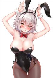 Rule 34 | 1girl, ahoge, animal ears, armpits, arms up, black leotard, blush, breasts, cleavage, covered navel, detached collar, fake animal ears, fate/grand order, fate (series), fishnet pantyhose, fishnets, jeanne d&#039;arc (fate), jeanne d&#039;arc alter (avenger) (fate), jeanne d&#039;arc alter (fate), large breasts, leotard, looking at viewer, marisasu (marisa0904), pantyhose, playboy bunny, rabbit ears, rabbit pose, revision, short hair, silver hair, simple background, strapless, strapless leotard, thighs, white background, wrist cuffs, yellow eyes