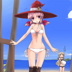 Rule 34 | 2girls, bad id, bad pixiv id, beach, bikini, boots, day, hat, ktsecond, melody (rune factory), mist (rune factory), multiple girls, ocean, outdoors, pink hair, purple eyes, rune factory, rune factory frontier, swimsuit, thighhighs, translation request, turnip, twintails, water, witch hat