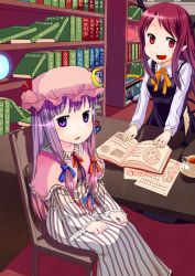 Rule 34 | 2girls, bat wings, book, cup, demon tail, female focus, hat, head wings, hexagram, highres, koakuma, library, long hair, looking at viewer, magic circle, muku (muku-coffee), multiple girls, open book, open mouth, patchouli knowledge, pointy ears, purple eyes, purple hair, red eyes, red hair, robe, runes, sitting, smile, striped, tail, tea, teacup, embodiment of scarlet devil, touhou, voile, wings