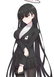 Rule 34 | 1girl, absurdres, black hair, black jacket, black skirt, blue archive, breasts, brown pantyhose, elfenlied22, halo, highres, jacket, large breasts, long hair, long sleeves, looking to the side, pantyhose, pleated skirt, red eyes, rio (blue archive), skirt, solo, sweater, thighs, turtleneck, turtleneck sweater, very long hair, white sweater