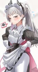 Rule 34 | 1girl, alternate hairstyle, apron, arknights, earrings, frilled apron, frills, gloves, grey eyes, grey hair, head wings, highres, horn/wood, irene (arknights), irene (voyage of feathers) (arknights), jewelry, juliet sleeves, long hair, long sleeves, looking at viewer, maid, maid apron, maid headdress, mouth hold, official alternate costume, pantyhose, puffy sleeves, solo, standing, sweat, white apron, white gloves, white pantyhose, wings