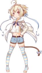 Rule 34 | ahoge, andira (granblue fantasy), animal ears, bell, blonde hair, blue bow, blue ribbon, blue shorts, blush, bow, closed mouth, commentary request, full body, fur-trimmed jacket, fur-trimmed shorts, fur trim, granblue fantasy, hair ribbon, hands on own hips, head tilt, hono, jacket, jingle bell, long sleeves, monkey ears, monkey girl, monkey tail, navel, open clothes, open jacket, pigeon-toed, red eyes, ribbon, short hair, short shorts, shorts, simple background, sleeves past wrists, solo, standing, striped clothes, striped thighhighs, tail, tail bell, tail bow, tail ornament, thighhighs, tiara, toeless legwear, two side up, white background, white jacket