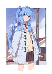 Rule 34 | 1girl, blue hair, blue ribbon, brown skirt, closed mouth, coat, collared shirt, cropped legs, grey coat, hair ribbon, highres, kotonoha aoi, long hair, long sleeves, necktie, one side up, open clothes, open coat, pleated skirt, power lines, red eyes, red necktie, ribbon, shirt, sidelocks, skirt, smile, solo, utility pole, voiceroid, white shirt, yamamomo (plank)