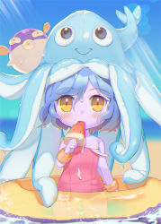 Rule 34 | 1girl, alternate costume, alternate hair color, alternate hair length, alternate hairstyle, blue hair, blush, breasts, colored skin, creatures (company), dakun, eating, fish, flat chest, food, food on clothes, game freak, gen 2 pokemon, hat, innertube, league of legends, looking at viewer, lulu (league of legends), nintendo, one-piece swimsuit, pokemon, pokemon (creature), pool party lulu, popsicle, puffer fish, purple skin, qwilfish, short hair, solo, swim ring, swimsuit, watermelon bar, yellow eyes, yordle