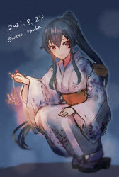 Rule 34 | 1girl, alternate costume, black hair, commentary request, dated, fireworks, full body, highres, holding, holding fireworks, holding sparkler, japanese clothes, kantai collection, kimono, long hair, looking at viewer, night, one-hour drawing challenge, ponytail, red eyes, sandals, senkou hanabi, sidelocks, solo, sparkler, squatting, twitter username, white kimono, wss (nicoseiga19993411), yahagi (kancolle), yukata