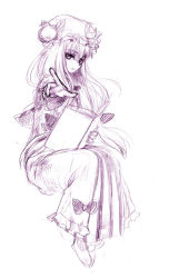 Rule 34 | 1girl, book, crescent, dress, female focus, foreshortening, graphite (medium), hat, long hair, looking at viewer, monochrome, open mouth, patchouli knowledge, purple theme, robe, seductive smile, sitting, sketch, smile, solo, touhou, traditional media, usa (artist), usaki (ama)