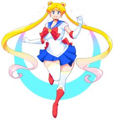 Rule 34 | 1girl, bishoujo senshi sailor moon, blonde hair, blue eyes, blue sailor collar, breasts, choker, circlet, crescent, crescent earrings, earrings, gloves, highres, jewelry, long hair, looking at viewer, medium breasts, moon earrings, multicolored hair, navel, pink hair, sailor collar, sailor moon, skindentation, solo, theycallhimcake, thick thighs, thighhighs, thighs, tsukino usagi, twintails, very long hair, white gloves, white thighhighs