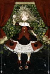 Rule 34 | 00s, 1girl, bad id, bad pixiv id, bare shoulders, blonde hair, clover, curtains, detached sleeves, dress, dungeon and fighter, frilled dress, frills, good9ight, gu (goodnight), heart, lace, lying, shoes