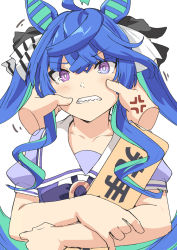 Rule 34 | 1girl, @ @, ahoge, anger vein, animal ears, blue hair, bright pupils, colored inner hair, disembodied hand, green hair, hair ornament, horse ears, long hair, looking at viewer, multicolored hair, puffy short sleeves, puffy sleeves, purple eyes, purple shirt, sharp teeth, shirt, shiseki hirame, short sleeves, simple background, solo focus, teeth, twin turbo (umamusume), twintails, two-tone hair, umamusume, upper body, white background, white pupils