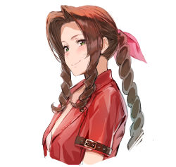 Rule 34 | 1girl, aerith gainsborough, belt, belt buckle, blush, breasts, brown hair, buckle, closed mouth, colored skin, commentary request, eyelashes, final fantasy, final fantasy vii, forehead, from side, green eyes, hair intakes, hair tubes, ikuchan kaoru, jacket, long hair, looking at viewer, looking to the side, medium breasts, multicolored skin, open clothes, open jacket, ponytail, red jacket, short sleeves, sidelocks, simple background, smile, solo, tri drills, upper body, white background
