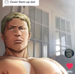 Rule 34 | 1boy, alina james, artist name, bara, blonde hair, brown eyes, closed mouth, cover them up slut (meme), facial hair, large pectorals, looking at viewer, male focus, meme, muscular, muscular male, nipples, pectoral focus, pectorals, reiner braun, shingeki no kyojin, short hair, solo, stubble, upper body