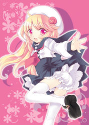 Rule 34 | aogiri sei, blonde hair, bloomers, dress, fang, hair ornament, hat, heart, leg up, long hair, long sleeves, looking back, mary janes, necktie, open mouth, original, outstretched arm, outstretched hand, red eyes, shoes, solo, standing, standing on one leg, thighhighs, underwear, white thighhighs