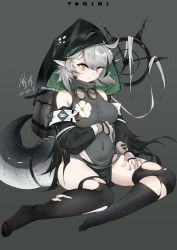 Rule 34 | 1girl, absurdres, ahoge, arknights, ass, bare shoulders, black background, black thighhighs, breasts, crocodilian tail, grey hair, highres, hood, hoodie, looking at viewer, pointy ears, short hair, simple background, solo, staff, tail, thighhighs, tomimi (arknights), torn clothes, xiudie, yellow eyes