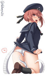 Rule 34 | 1girl, black dress, black hat, black socks, blush, brown eyes, brown footwear, clothes writing, dress, ebifurya, hat, heart, highres, kantai collection, kneehighs, loafers, long sleeves, open mouth, panties, red hair, sailor dress, sailor hat, shoes, short hair, simple background, socks, solo, spoken heart, tentacles, twitter username, underwear, white background, white panties, z3 max schultz (kancolle)