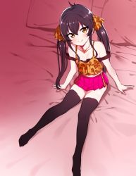Rule 34 | 1girl, animal print, bare shoulders, bed, black hair, black thighhighs, blush, breasts, camisole, cleavage, hair ribbon, heart, heart necklace, idolmaster, idolmaster cinderella girls, jewelry, leopard print, long hair, looking at viewer, matoba risa, miniskirt, necklace, pillow, remora180, ribbon, sitting, skirt, small breasts, smile, solo, strap slip, thighhighs, twintails, yellow eyes