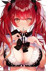 Rule 34 | 1girl, alternate costume, azur lane, black bow, black ribbon, blush, bow, bowtie, unworn bowtie, bra, breasts, brown eyes, cleavage, clothes lift, commentary request, embarrassed, hair bow, honolulu (azur lane), honolulu (umbrella girl) (azur lane), lace, lace-trimmed bra, lace trim, large breasts, lifting own clothes, lingerie, long hair, looking at viewer, mouth hold, pomu (pomu me), rain, red hair, ribbon, school uniform, shirt, shirt lift, short sleeves, sidelocks, simple background, solo, sweat, twintails, underwear, upper body, wet, white background, white shirt