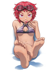 Rule 34 | 1girl, :p, absurdres, barefoot, bikini, blush, breasts, candy, crossed legs, feet, food, goggles, goggles on head, highres, lollipop, navel, original, red eyes, red hair, shadow, short hair, simple background, sitting, smile, soles, solo, striped bikini, striped clothes, swimsuit, toes, tongue, tongue out, underboob, white background
