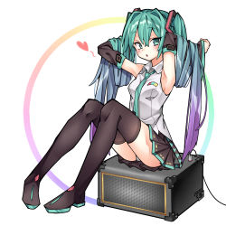 Rule 34 | 1girl, ai cao, armpits, arms up, bare shoulders, black footwear, black skirt, black sleeves, black thighhighs, blue hair, blush, boots, breasts, collared shirt, commentary request, detached sleeves, full body, gradient hair, green eyes, green hair, hair between eyes, hatsune miku, heart, highres, long hair, long sleeves, looking at viewer, multicolored hair, panties, pantyshot, parted lips, pleated skirt, purple hair, shirt, skirt, sleeveless, sleeveless shirt, small breasts, solo, thigh boots, thighhighs, twintails, underwear, very long hair, vocaloid, white background, white shirt, wide sleeves, zettai ryouiki