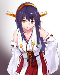 Rule 34 | 1girl, bare shoulders, black hair, breasts, brown eyes, cleavage, cowboy shot, gradient background, grey background, hair between eyes, hair ornament, hairclip, hand on own hip, hands on own hips, haruna (kancolle), headgear, highres, japanese clothes, kantai collection, large breasts, long hair, looking at viewer, nontraditional miko, pleated skirt, red skirt, simple background, skirt, solo, utsumi karmin, white background