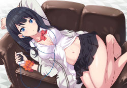 Rule 34 | 10s, 1girl, arm up, barefoot, black hair, black skirt, blue eyes, blush, bow, breasts, cardigan, cellphone, cleavage, couch, dress shirt, earphones, feet, gridman universe, highres, hip focus, legs, long hair, long sleeves, looking at viewer, lying, medium breasts, midriff, miniskirt, navel, on side, open cardigan, open clothes, open mouth, orange scrunchie, parted lips, phone, pleated skirt, red bow, red neckwear, scrunchie, shirt, skirt, solo, ssss.gridman, sweater, swept bangs, takarada rikka, thighs, urabi (tomatohouse), white sweater, wrist scrunchie