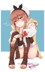 Rule 34 | 1girl, absurdres, aphrodisiac, arm on knee, atelier (series), atelier ryza, atelier ryza 1, beret, black hairband, blue background, blush, boots, bow hairband, bracelet, bridal legwear, brown eyes, brown footwear, brown gloves, brown hair, commentary request, detached sleeves, english text, full body, gloves, hair between eyes, hair ornament, hairband, hairclip, hat, heavy breathing, highres, jacket, jewelry, knees up, leather, leather gloves, looking at viewer, naughty face, necklace, profanity, red shorts, reisalin stout, short hair, short shorts, shorts, sidelocks, single glove, sitting, sleeveless, sleeveless jacket, solo, spill, star (symbol), star necklace, thigh boots, thighhighs, thighhighs under boots, thighs, toes, two-tone background, white background, white headwear, white sleeves, white thighhighs, yellow jacket, zuoteng lucha