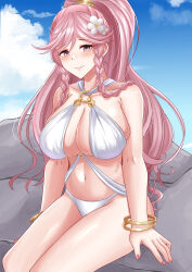 Rule 34 | 1girl, absurdres, alternate breast size, bikini, blue sky, bracelet, braid, breasts, closed mouth, cloud, commentary, english commentary, fingernails, fire emblem, fire emblem awakening, flower, hair flower, hair ornament, high ponytail, highres, jewelry, large breasts, lips, long hair, navel, nintendo, olivia (fire emblem), outdoors, pink eyes, pink hair, pink lips, pink nails, rock, rynn (darknescorez), sitting, sitting on rock, sky, smile, solo, stomach, swimsuit, thighs, very long hair, white bikini, white flower
