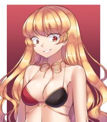 Rule 34 | 1girl, adapted costume, alternate costume, arms at sides, bad id, bad pixiv id, bare arms, bare shoulders, bikini, blonde hair, border, breasts, cleavage, collarbone, dark jewel (gem oblivion), female focus, gradient background, grin, halterneck, highres, junko (touhou), lips, long hair, medium breasts, multicolored bikini, multicolored clothes, multicolored swimsuit, neck, neck ribbon, outline, outside border, red background, red eyes, ribbon, smile, solo, swimsuit, touhou, upper body, wavy hair, white border, yellow ribbon