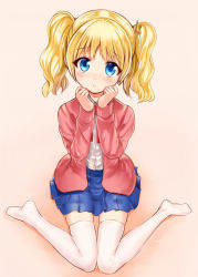 Rule 34 | 10s, 1girl, aldehyde, alice cartelet, bad id, bad pixiv id, blonde hair, blue eyes, cardigan, hair ornament, hair stick, jacket, kin-iro mosaic, knees together feet apart, looking at viewer, no shoes, open cardigan, open clothes, open jacket, school uniform, shirt, sitting, skirt, solo, thighhighs, twintails, wariza, white thighhighs, zettai ryouiki