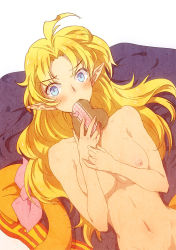Rule 34 | 1990s (style), 1girl, 7d, bad id, bad pixiv id, blonde hair, blue eyes, blush, breasts, chocolate, dragon, dragon tail, filia ul copt, heart, long hair, navel, nipples, nude, pointy ears, slayers, slayers try, solo, tail, zhuo mi