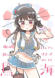 Rule 34 | 10s, 1girl, :o, adapted costume, adjusting eyewear, black gloves, black hair, breasts, choukai (kancolle), choukai kai ni (kancolle), cleavage, glasses, gloves, hand up, kantai collection, large breasts, long hair, looking at viewer, miniskirt, navel, neckerchief, red eyes, sailor collar, single thighhigh, skirt, sodapop (iemaki), solo, thighhighs