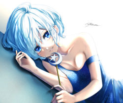 Rule 34 | 1girl, bare arms, bare shoulders, blue dress, blue eyes, breasts, cleavage, collar, collarbone, dress, grin, hair between eyes, highres, holding, holding wand, looking at viewer, lying, memorytips, on side, original, short hair, signature, silver hair, sleeveless, sleeveless dress, small breasts, smile, solo, wand, white background