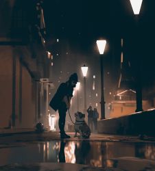 Rule 34 | 1boy, 2girls, beanie, commentary, dark, dog, pet walking, hat, highres, jacket, jacket on shoulders, lamppost, leash, multiple girls, night, original, puddle, reflection, road, scenery, sketch, snatti, solo focus, standing, street, taking picture, wide shot