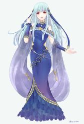 Rule 34 | 1girl, alternate color, bare shoulders, blue hair, cape, dress, fire emblem, fire emblem: the blazing blade, fire emblem heroes, full body, hair ornament, kazame, long hair, looking at viewer, ninian, nintendo, red eyes, solo