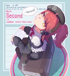 Rule 34 | 1girl, absurdres, artworks/84584067, beret, candy, food, girls&#039; frontline, hat, headphones, highres, jacket, llpfmfc, lollipop, looking at viewer, mp7 (girls&#039; frontline), ponytail, red hair, sitting, solo, speech bubble, yellow eyes