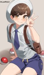 Rule 34 | 1boy, arm support, backpack, bag, blush, breast pocket, brown bag, brown eyes, brown hair, closed mouth, collared shirt, commentary request, creatures (company), florian (pokemon), g1 (jjw00123), game freak, grey hat, hand up, hat, highres, looking at viewer, male focus, necktie, nintendo, pocket, poke ball, poke ball (basic), pokemon, pokemon sv, purple necktie, purple shorts, shirt, short hair, shorts, signature, sitting, smile, solo, w