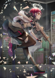 Rule 34 | 1girl, absurdres, arknights, black footwear, black gloves, black jacket, black pantyhose, black shorts, bottle, brown eyes, brown vest, building, closed mouth, commentary request, exusiai (arknights), fingerless gloves, from side, full body, glitch, gloves, glowing, gun, halo, highres, holding, holding gun, holding weapon, indoors, jacket, pantyhose, profile, red hair, reflection, reflective floor, shoe soles, short shorts, short sleeves, shorts, skyscraper, smile, solo, standing, standing on one leg, suppressor, torn clothes, torn pantyhose, trigger discipline, vest, weapon, weapon request, yiyu qing mang