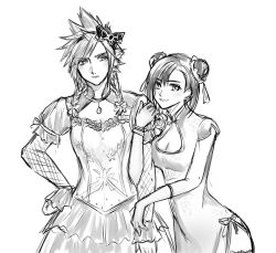 Rule 34 | 1boy, 1girl, bracelet, braid, breasts, china dress, chinese clothes, cleavage cutout, clothing cutout, cloud strife, couple, crossdressing, double bun, dress, final fantasy, final fantasy vii, final fantasy vii remake, greyscale, hair bun, hair ornament, highres, holding another&#039;s arm, jewelry, kaisei (kaisei my), long hair, monochrome, official alternate costume, spiked hair, square enix, tifa lockhart, tifa lockhart (sporty dress), twin braids, wall market
