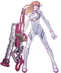 Rule 34 | 1girl, absurdres, artist request, blue eyes, bodysuit, breasts, evangelion: 3.0+1.0 thrice upon a time, eyepatch, floating hair, full body, glowing, glowing eye, hair ornament, highres, holding, holding weapon, lips, long hair, looking at viewer, medium breasts, neon genesis evangelion, orange hair, pilot suit, plugsuit, rebuild of evangelion, shiny clothes, skin tight, solo, souryuu asuka langley, two side up, weapon, white background, white bodysuit