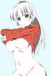 Rule 34 | 1girl, breasts, clothes lift, crossed arms, grey eyes, highres, large breasts, lifted by self, long sleeves, looking at viewer, naked sweater, navel, nishi koutarou, original, ponytail, ribbed sweater, solo, sweater, sweater lift, underboob, undressing, white hair