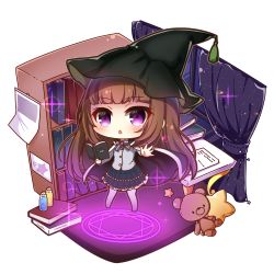 Rule 34 | 1girl, black cape, black hat, black skirt, blush, book, bookshelf, bow, brown hair, cape, chestnut mouth, chibi, commentary request, commission, curtains, grey shirt, hat, highres, holding, holding book, long hair, long sleeves, looking at viewer, magic circle, no shoes, open book, original, pantyhose, parted lips, pixiv commission, purple eyes, shirt, skirt, solo, standing, star-shaped pillow, striped, striped bow, stuffed animal, stuffed toy, teddy bear, very long hair, white pantyhose, window, witch hat, yukiyuki 441