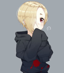 Rule 34 | 1girl, :/, :x, asymmetrical bangs, black sweater, blonde hair, blush, closed mouth, ear piercing, grey background, hands in opposite sleeves, highres, hood, hooded sweater, idolmaster, idolmaster cinderella girls, long sleeves, looking at viewer, piercing, red eyes, shirasaka koume, short hair, simple background, smiley face, solo, sweater, tareme, the cold, upper body