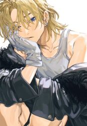 Rule 34 | 1boy, bare shoulders, black jacket, blonde hair, blue eyes, blush, closed mouth, collarbone, earrings, fur-trimmed jacket, fur trim, gloves, hair over eyes, half updo, hand on own cheek, hand on own face, head rest, highres, isaya 0987, jacket, jewelry, knees up, long sleeves, looking at viewer, male focus, multiple earrings, off shoulder, original, short hair, simple background, sitting, solo, sweat, tank top, white background, white gloves
