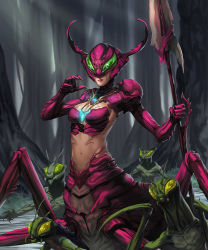 Rule 34 | 1girl, ant girl, antennae, arthropod girl, bodypaint, breasts, carapace, centauroid, claws, cleavage, dcwj, forest, glowing, grass, green eyes, holding, holding weapon, jewelry, lips, lipstick, makeup, mantis girl, medium breasts, midriff, monster, monster girl, nature, necklace, outdoors, pendant, polearm, red lips, solo, spear, taur, tree, weapon, wood, yellow eyes
