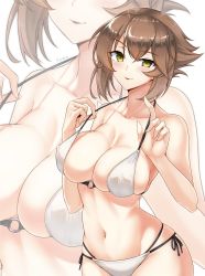 Rule 34 | 1girl, alternate costume, bikini, blush, breasts, brown hair, covered erect nipples, graphite (medium), green eyes, highres, kantai collection, large breasts, looking at viewer, mechanical pencil, mutsu (kancolle), navel, o-ring, o-ring top, pencil, short hair, smile, solo, swimsuit, thighs, traditional media, utsumi karmin, white bikini, zoom layer