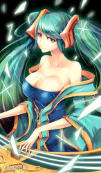 Rule 34 | 1girl, aqua hair, bare shoulders, beancurd, breasts, cleavage, large breasts, league of legends, long hair, smile, solo, sona (league of legends), twintails, very long hair