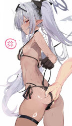 Rule 34 | 1boy, 1girl, anger vein, ass, ass grab, bikini, black bikini, black bow, black gloves, black halo, blue archive, bow, breasts, commentary request, dark-skinned female, dark skin, eyewear on head, gloves, hair bow, halo, hetero, highres, iori (blue archive), iori (swimsuit) (blue archive), miyakawa106, official alternate costume, pointy ears, red eyes, side-tie bikini bottom, simple background, small breasts, solo focus, spoken anger vein, standing, sunglasses, sweat, swimsuit, thigh strap, twintails, white background