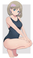 Rule 34 | 1girl, absurdres, barefoot, blue eyes, competition school swimsuit, feet, grey hair, highres, looking at viewer, love live!, love live! superstar!!, parted bangs, school swimsuit, short hair, simple background, smile, solo, squatting, swimsuit, tang keke, toes, wewe, white background